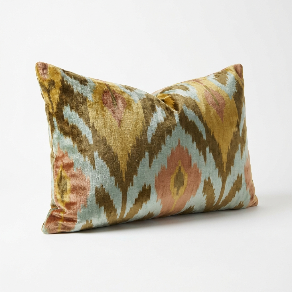 Mustard ikat pillow cover, angled view showing the velvet pile