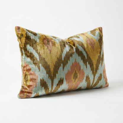 Mustard ikat pillow cover, angled view showing the velvet pile