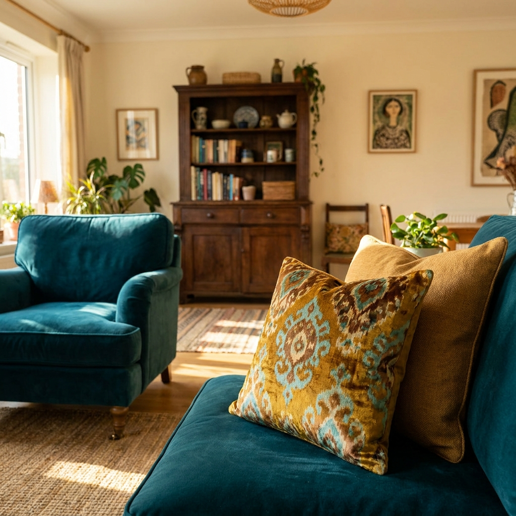 Mustard ikat pillow styled on a teal velvet sofa