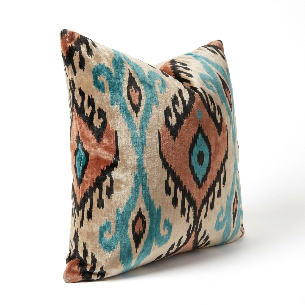 Earth-toned ikat pillow cover, angled view showing the velvet pile