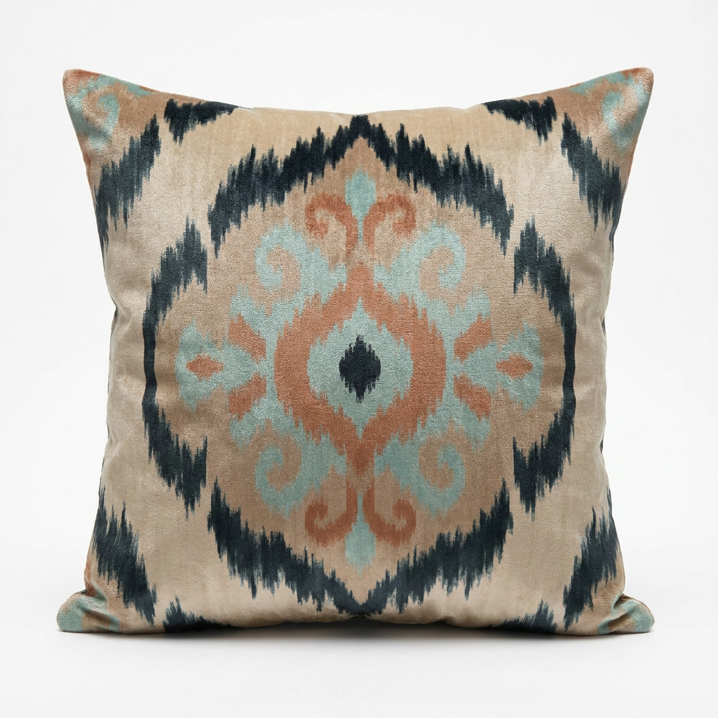 Beige, clay and turquoise silk velvet ikat pillow cover, front view