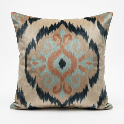 Beige, clay and turquoise silk velvet ikat pillow cover, front view