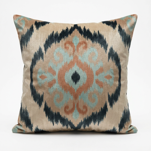 Beige, clay and turquoise silk velvet ikat pillow cover, front view
