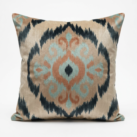 Beige, clay and turquoise silk velvet ikat pillow cover, front view