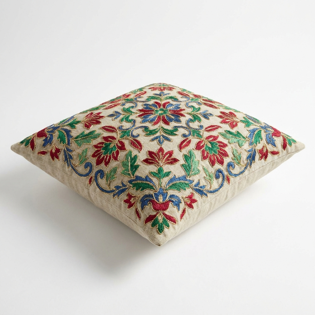 Jewel-toned embroidered pillow cover, angled view