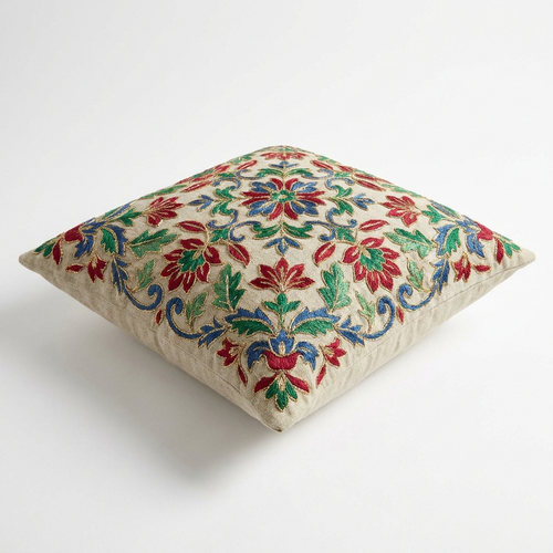 Jewel-toned embroidered pillow cover, angled view
