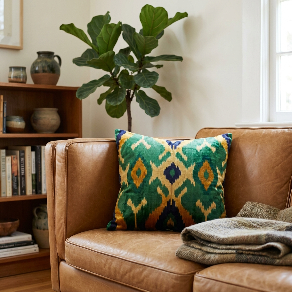 Ikat pillow styled on a tan leather armchair