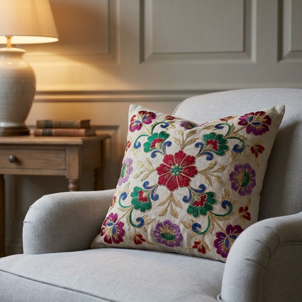 Embroidered pillow styled on a pale grey armchair