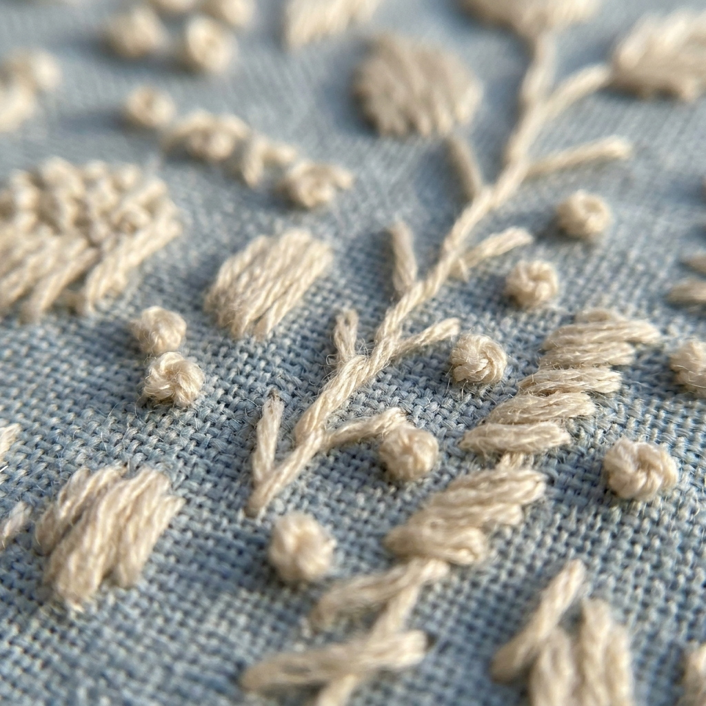Close-up of ivory silk embroidery on baby-blue linen