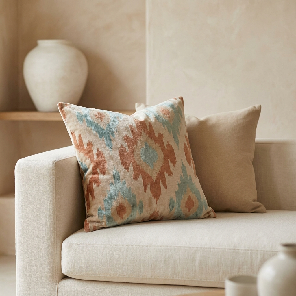 Earth-toned ikat pillow styled on a cream linen sofa
