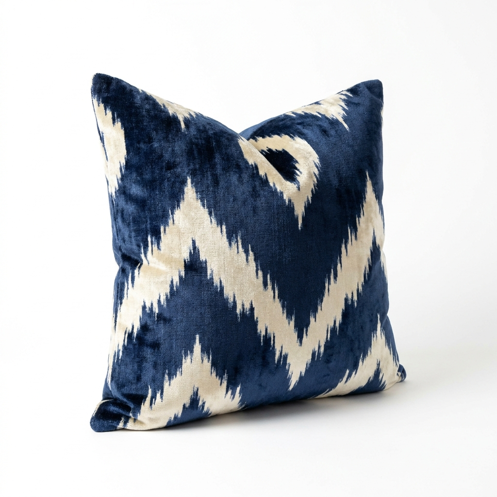 Navy and cream silk velvet ikat pillow cover, angled view showing the velvet pile