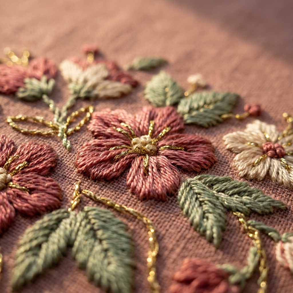 Close-up of the embroidered floral bouquet in silk and gold thread