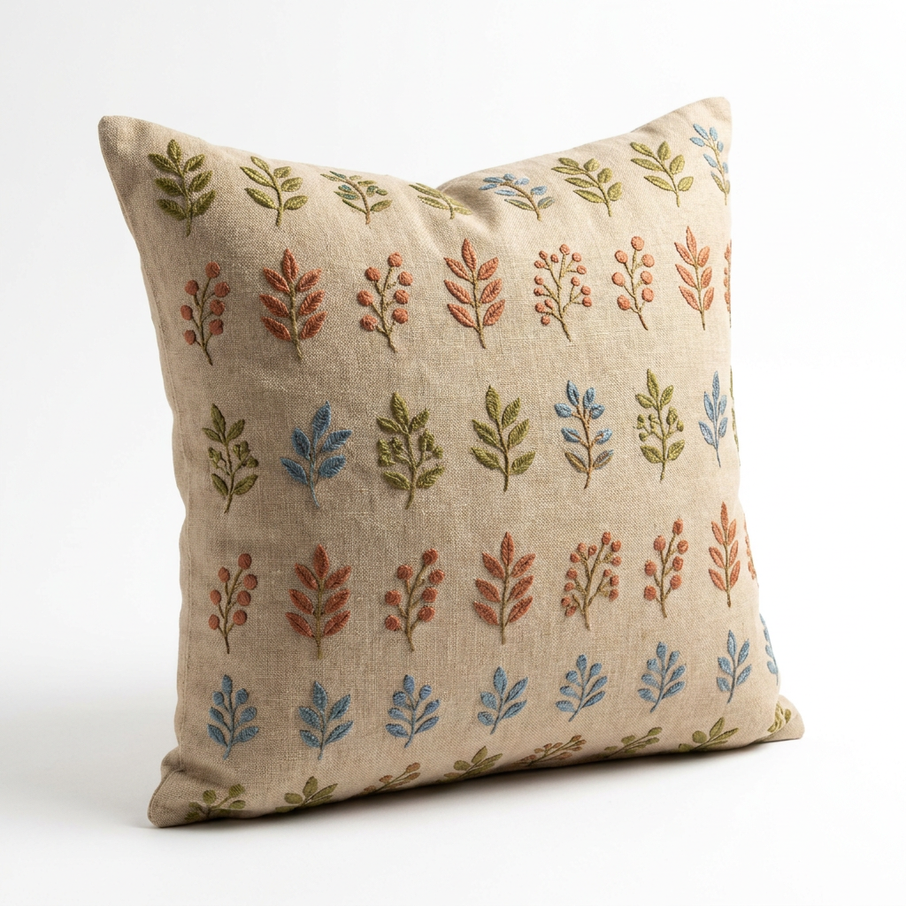 Botanical embroidered pillow cover, angled view showing the raised stitching