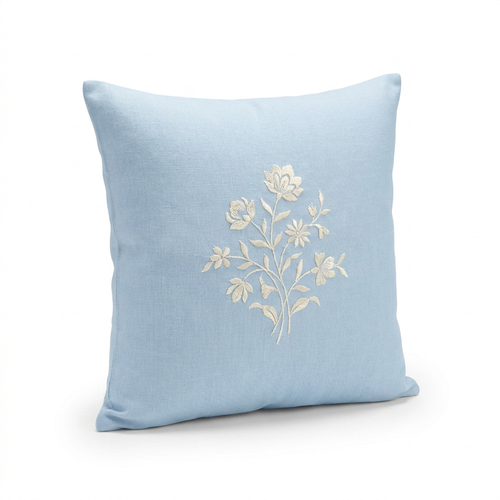 Baby-blue embroidered pillow cover, angled view