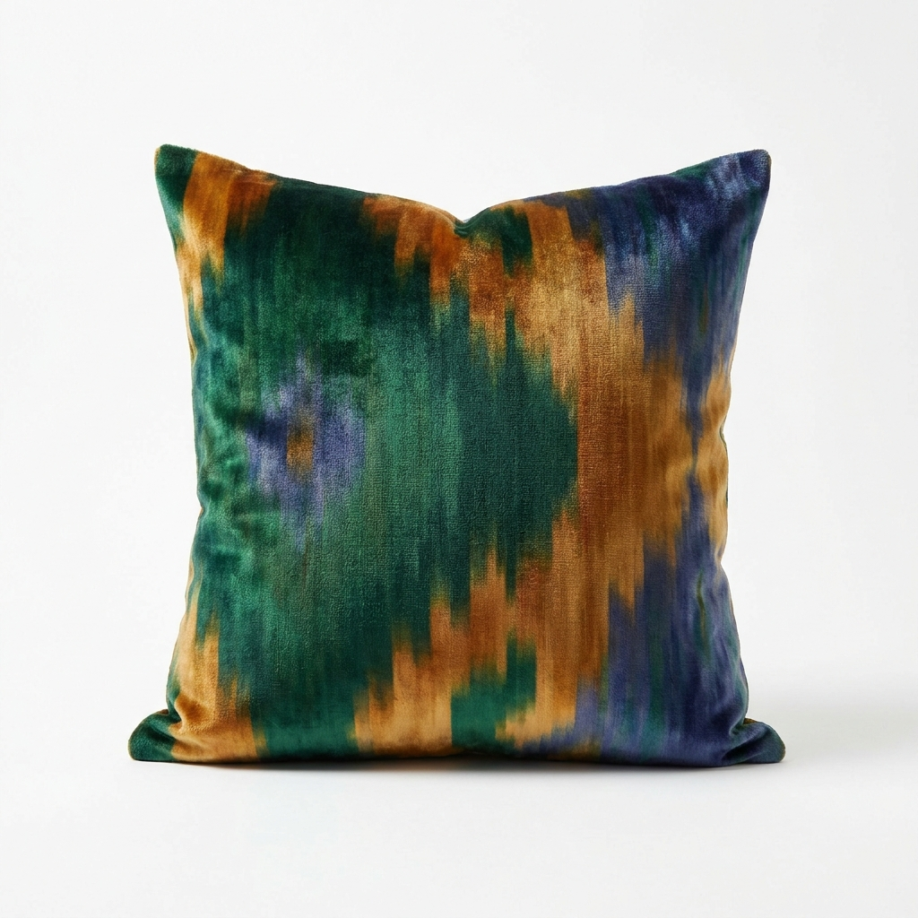 Green, amber and blue silk velvet ikat pillow cover, angled view