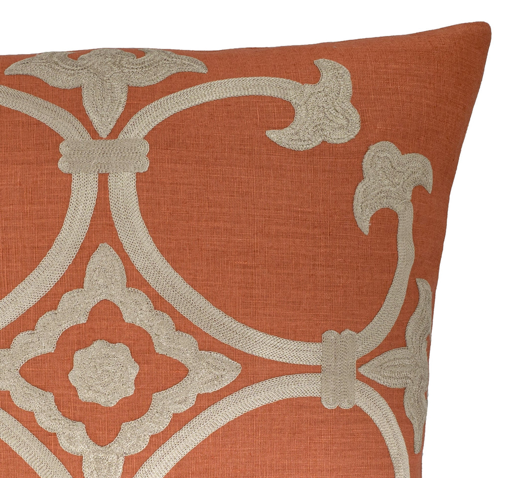 Orange Linen Pillow Cover with Gold Embroidery , 20 x 20