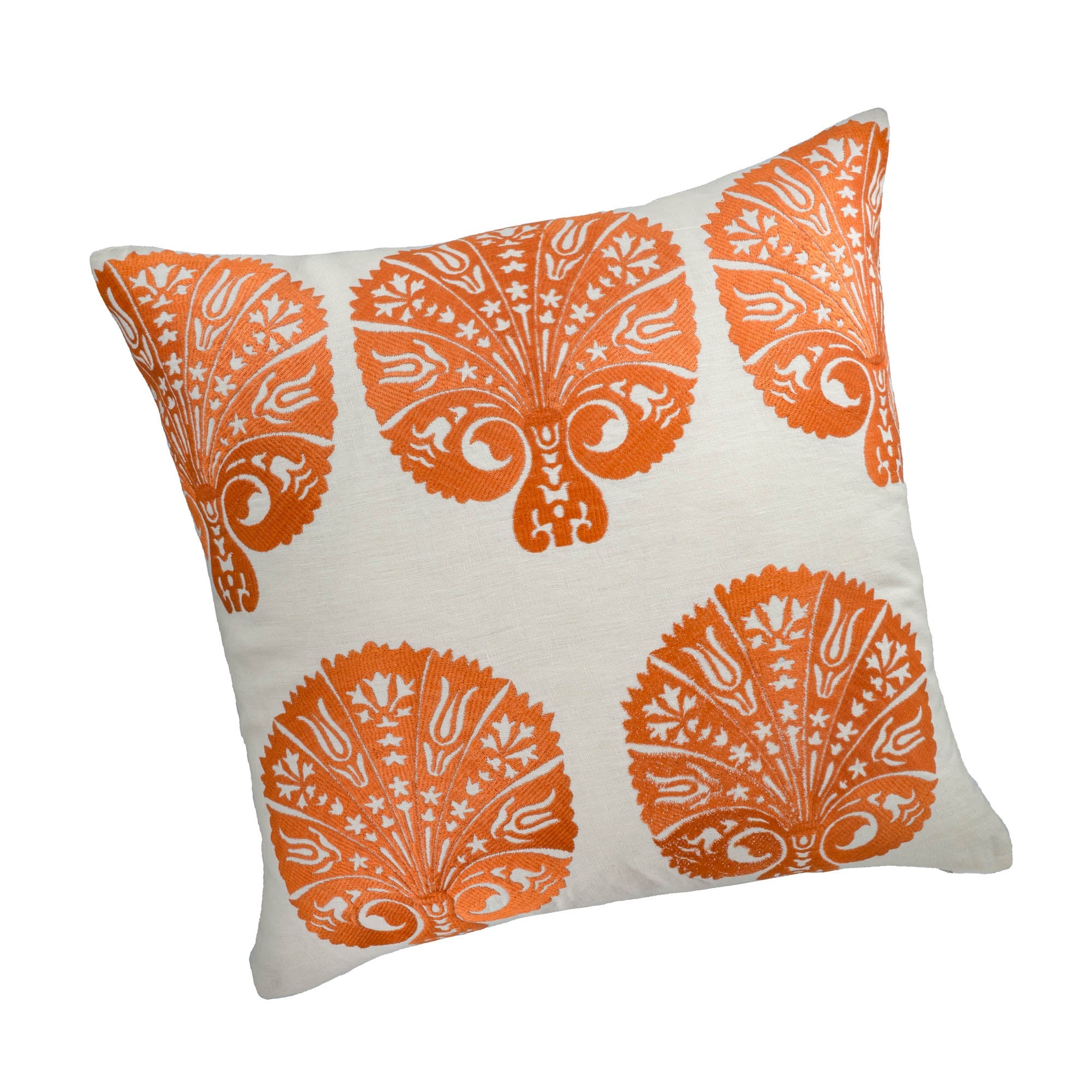 Orange Peacock Embroidered Pillow Cover, 19 x 19