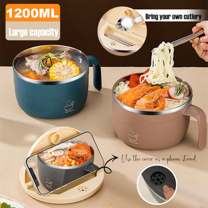 🍜1200ml 304 Stainless Steel Noodle Bowl with Lid, Handle & Phone Holder