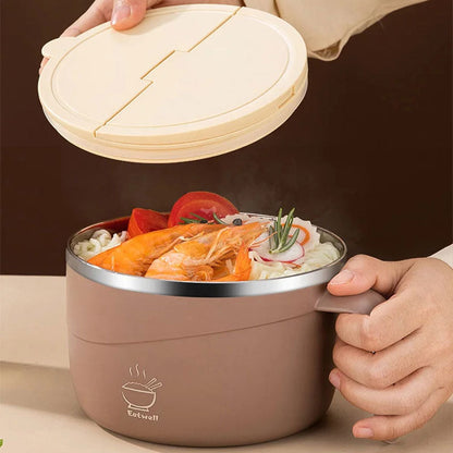 🍜1200ml 304 Stainless Steel Noodle Bowl with Lid, Handle & Phone Holder