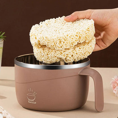 🍜1200ml 304 Stainless Steel Noodle Bowl with Lid, Handle & Phone Holder