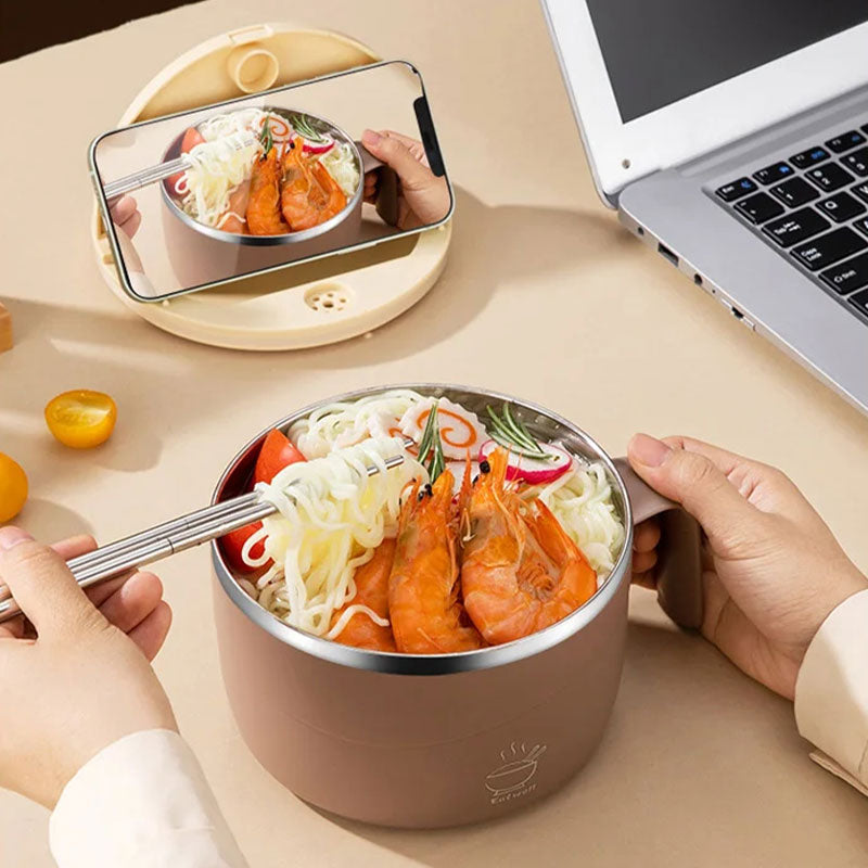 🍜1200ml 304 Stainless Steel Noodle Bowl with Lid, Handle & Phone Holder